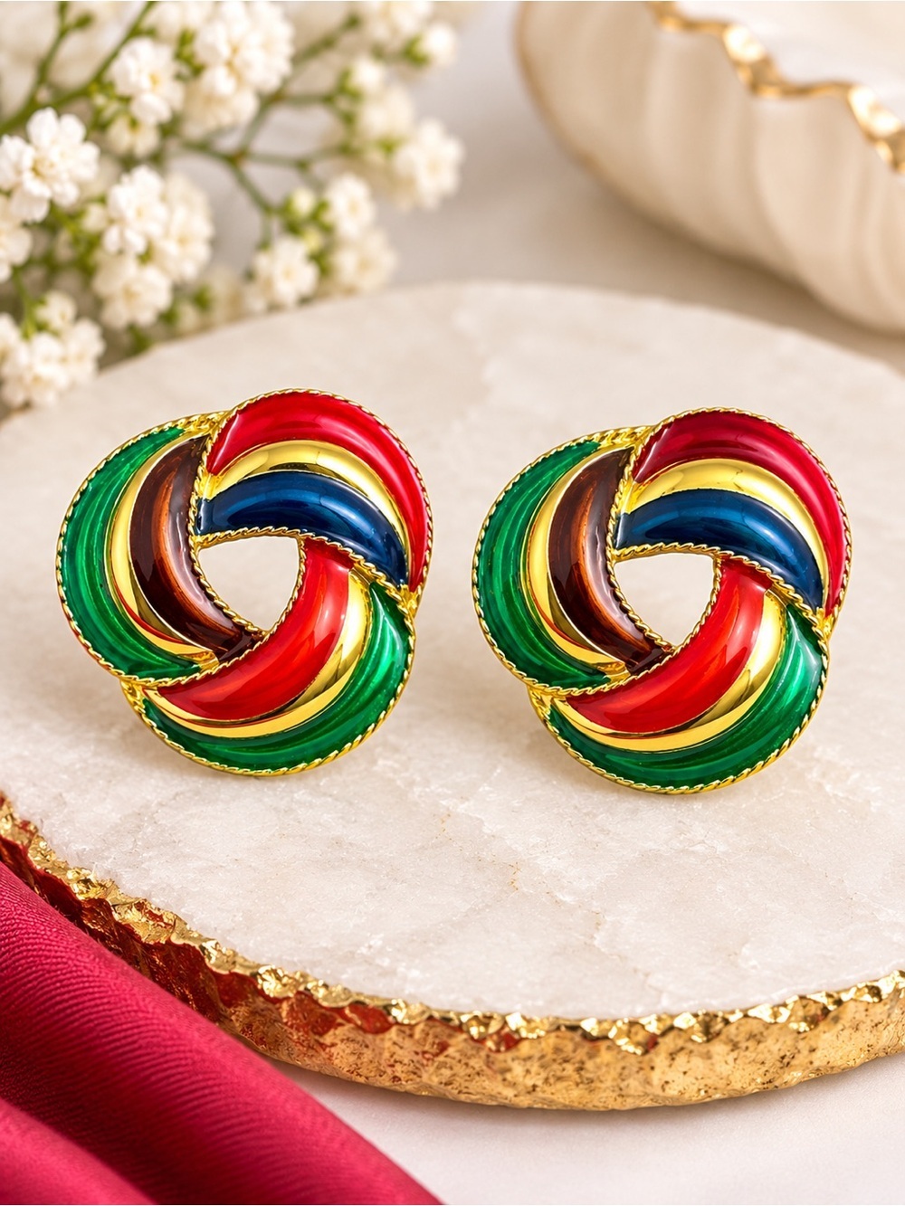 Vintage Multicolor Enamel Love Knot Post Earrings Gold Tone 1.25"